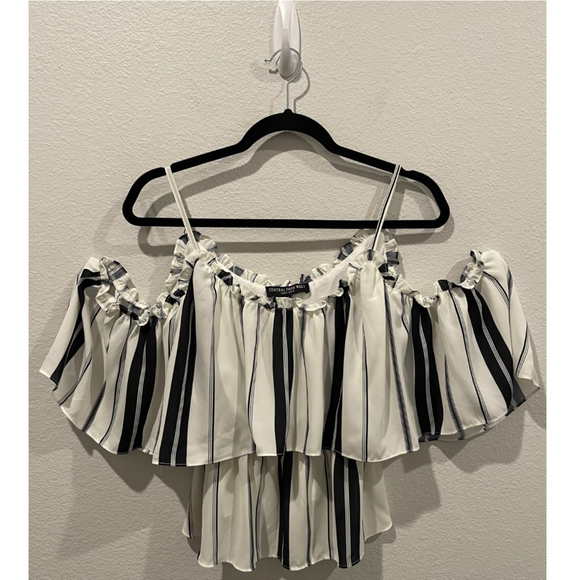CENTRAL PARK WEST Striped Off Shoulder Crop Top - Picture 1 of 4